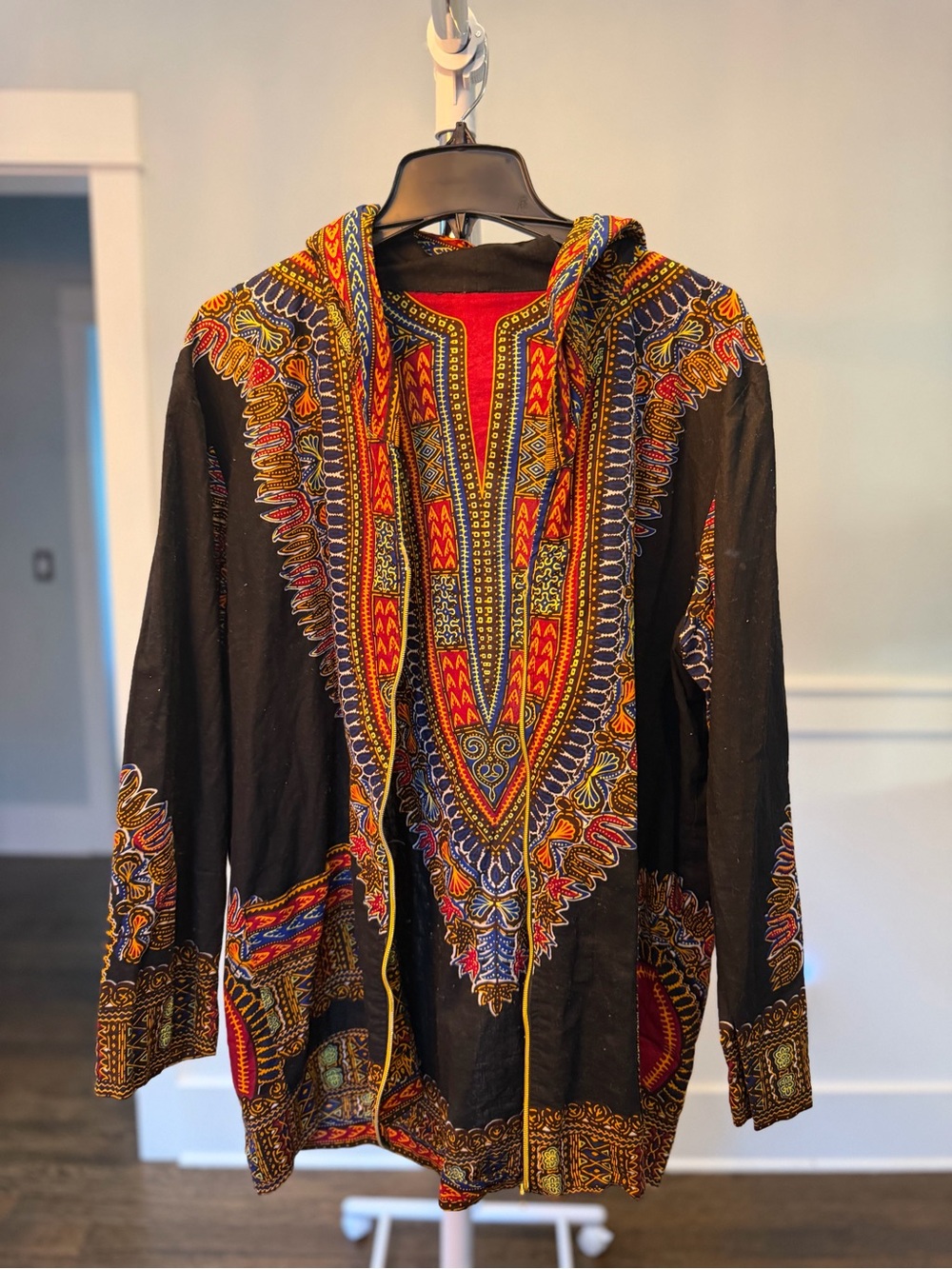 Black Dashiki-Style Hooded Jacket with Red, Blue & Gold Print - 2X